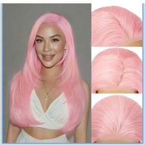 Pink Lace Front Wig Pre-Plucked Glueless Long Straight Layered Synthetic 4x6,26”